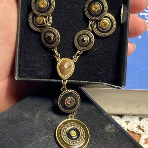 Avon Lariat Necklace and Earring set Bronze Elegant Rhinestone Jewelry Nos